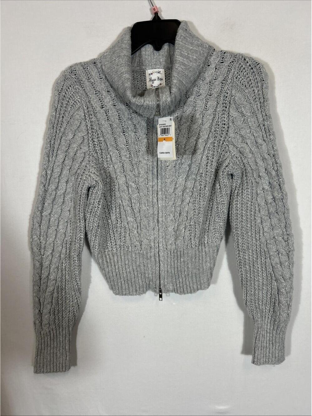 $44 Hippie Rose Women's Full Zip Cardigan Sweater Light Heather Grey S